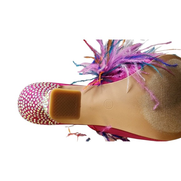 Feather Heels Rhinestone Mules Slides‎ Open Toe Party Shoes - Picture 4 of 10